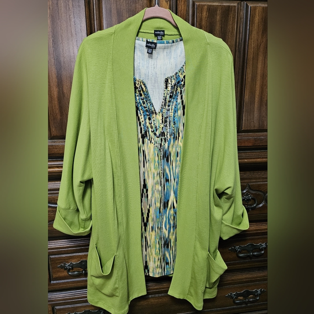 Rafaella Woman 2X Lime Cotton Jacket & V-Neck Sleeveless Multicolored Tank